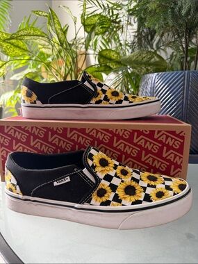 Vans Black Slip-On Sneakers with Yellow Sunflower Checkerboard